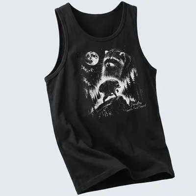 Line-art design of a raccoon with the text Jimothy Seattle Feral Legend in black and white — printed on a tank top