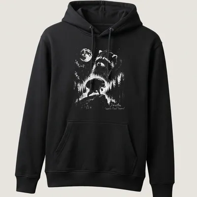Line-art design of a raccoon with the text Jimothy Seattle Feral Legend in black and white — printed on a unisex hoodie