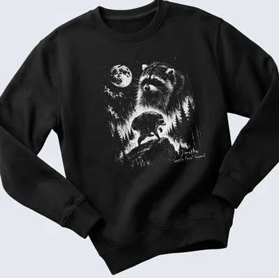 Line-art design of a raccoon with the text Jimothy Seattle Feral Legend in black and white — printed on a unisex sweatshirt