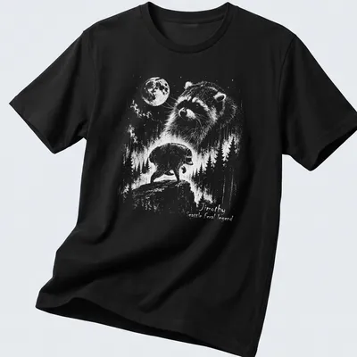 Line-art design of a raccoon with the text Jimothy Seattle Feral Legend in black and white