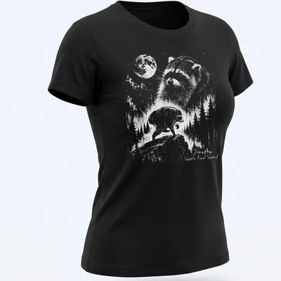 Line-art design of a raccoon with the text Jimothy Seattle Feral Legend in black and white — printed on a women's shirt