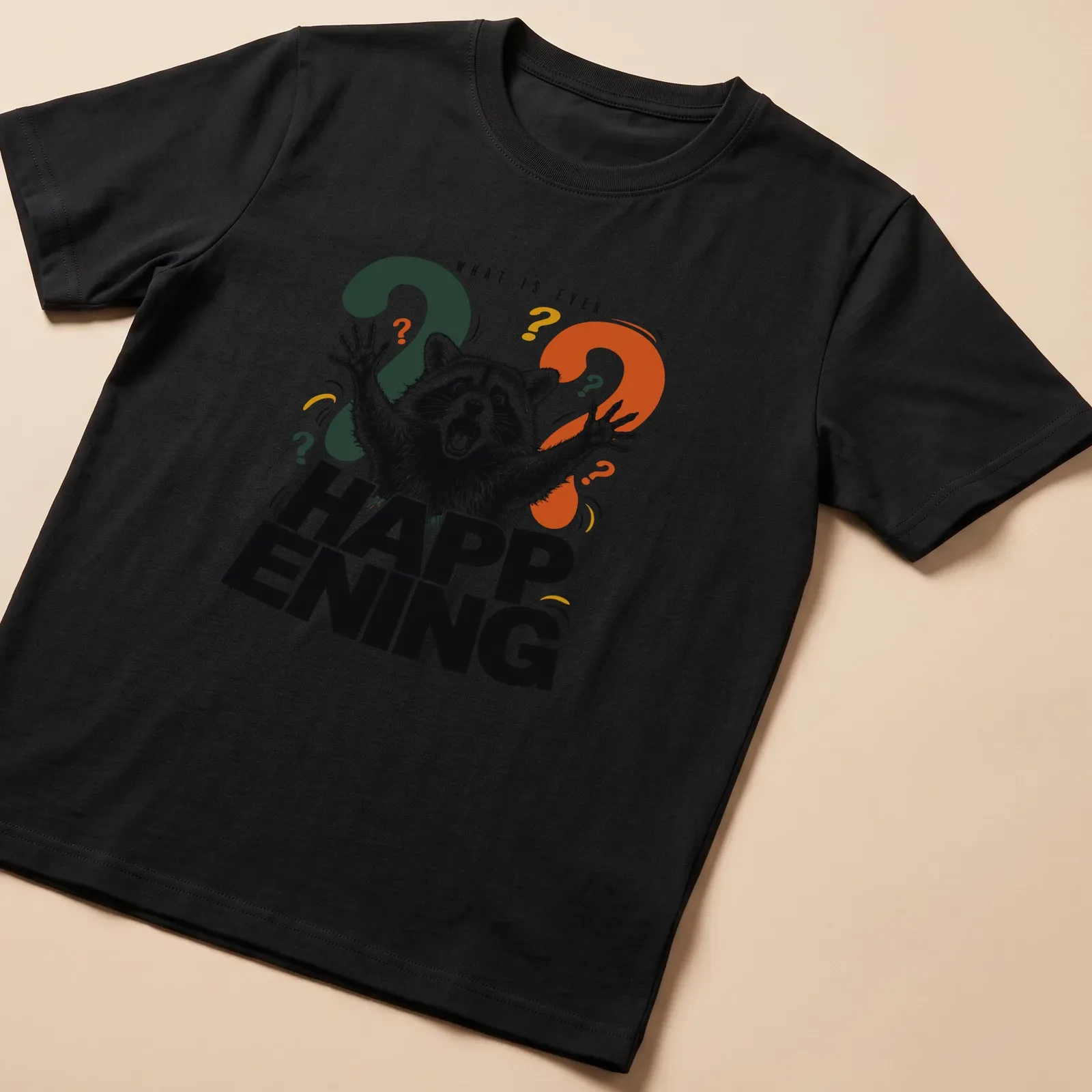 Retro t-shirt featuring a confused raccoon and the text 'WHAT IS EVEN HAPPENING' — printed on a unisex t-shirt