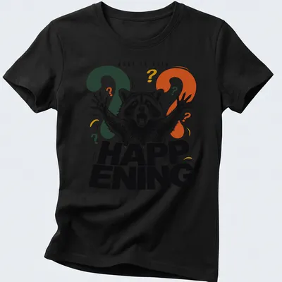 Retro t-shirt featuring a confused raccoon and the text 'WHAT IS EVEN HAPPENING' — printed on a women's shirt
