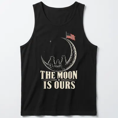 Whimsical design of raccoons on the moon with an American flag and text. — printed on a tank top