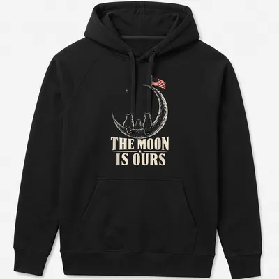 Whimsical design of raccoons on the moon with an American flag and text. — printed on a unisex hoodie