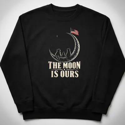 Whimsical design of raccoons on the moon with an American flag and text. — printed on a unisex sweatshirt