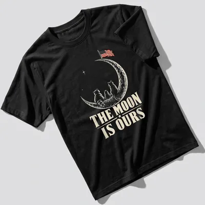 Whimsical design of raccoons on the moon with an American flag and text.