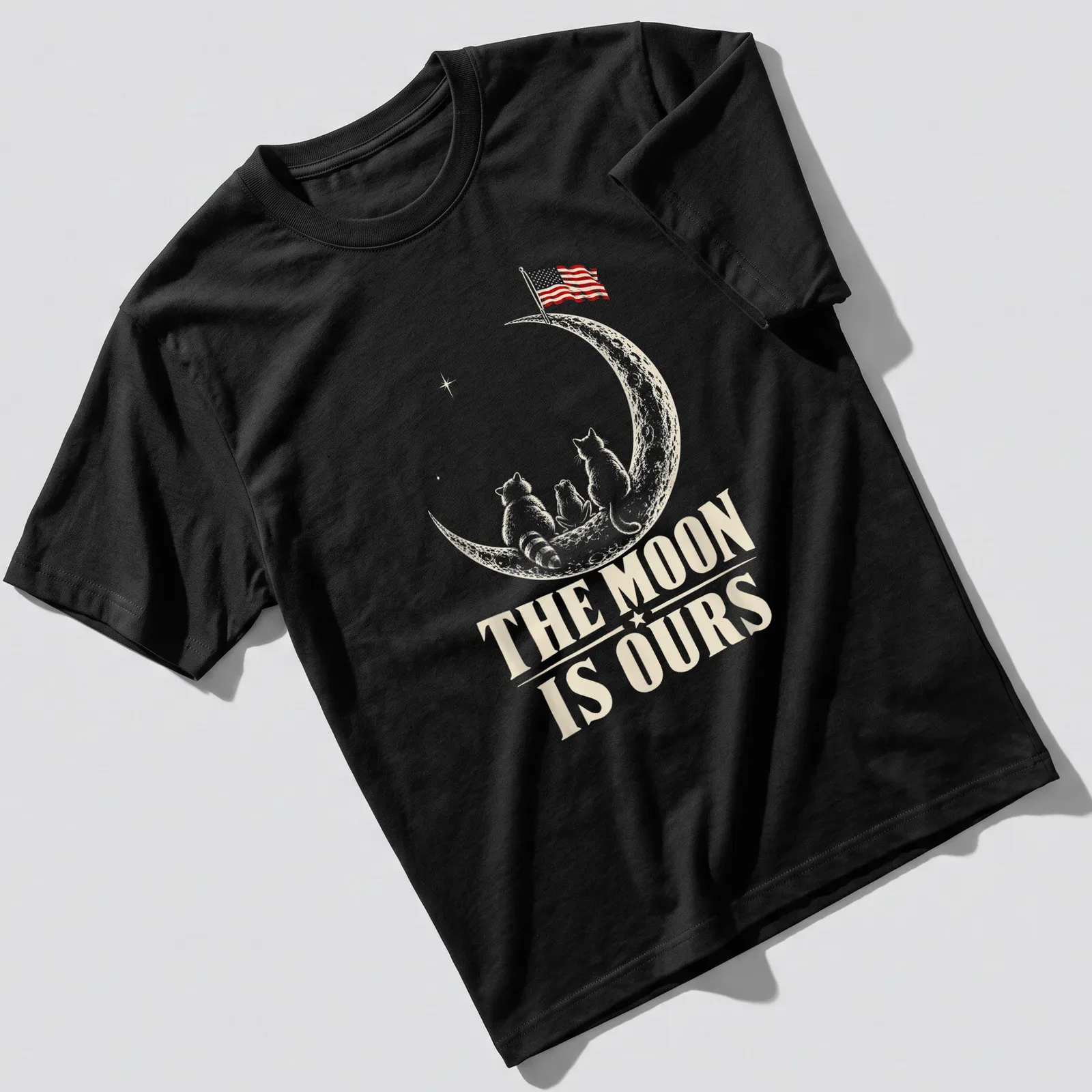 Whimsical design of raccoons on the moon with an American flag and text. — printed on a unisex t-shirt