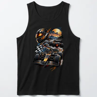 Dynamic illustration of a racing car in bold colors on a — printed on a tank top