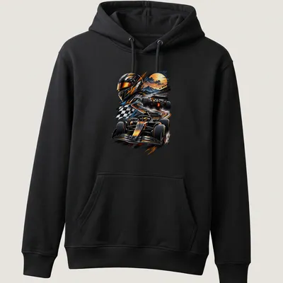 Dynamic illustration of a racing car in bold colors on a — printed on a unisex hoodie