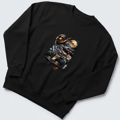 Dynamic illustration of a racing car in bold colors on a — printed on a unisex sweatshirt