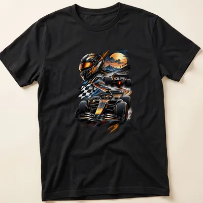 Dynamic illustration of a racing car in bold colors on a t-shirt
