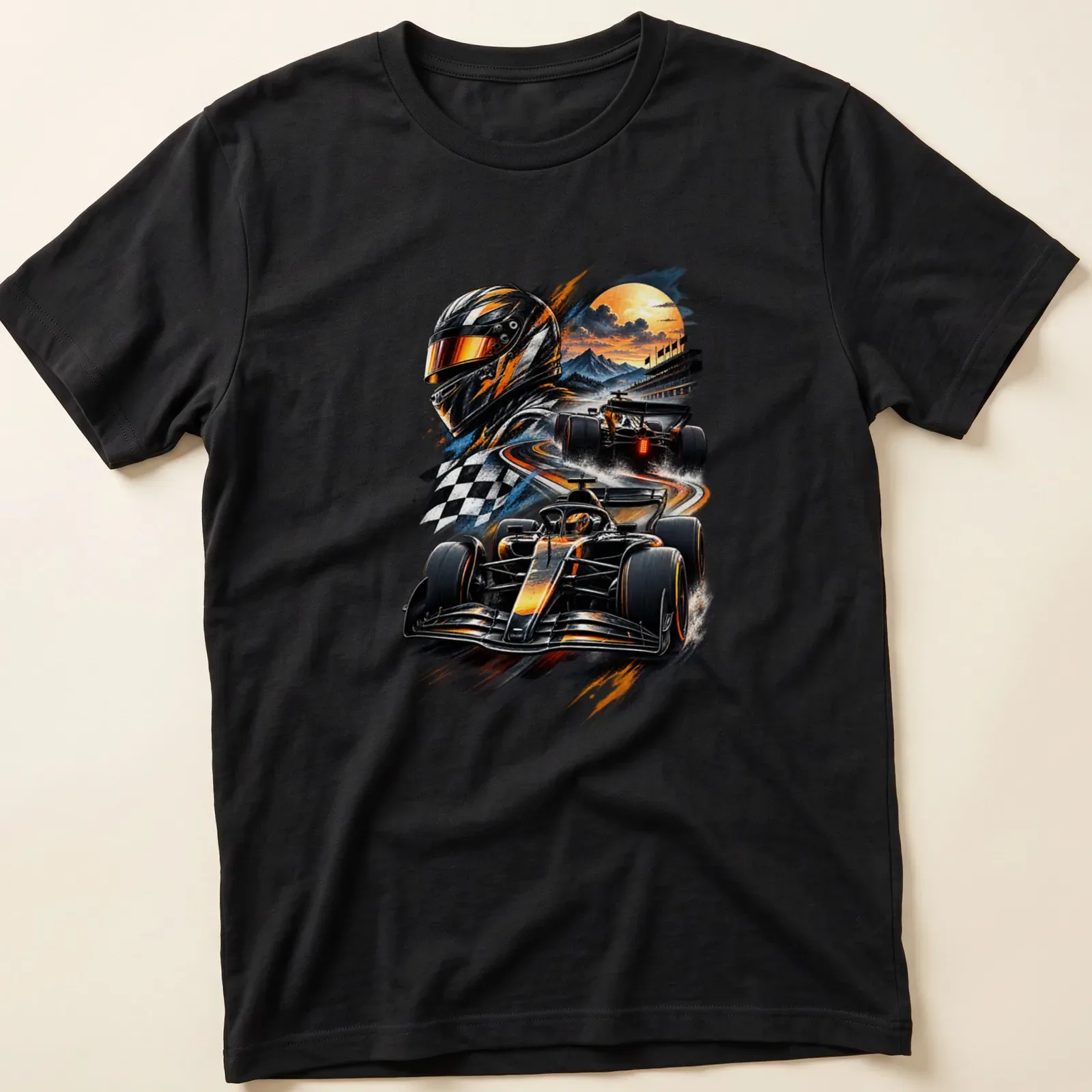 Dynamic illustration of a racing car in bold colors on a — printed on a unisex t-shirt
