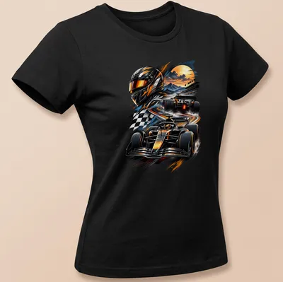 Dynamic illustration of a racing car in bold colors on a — printed on a women's shirt