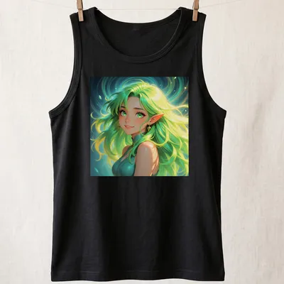Fantasy illustration of a green-haired elf woman with emerald eyes — printed on a tank top