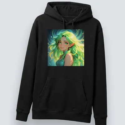 Fantasy illustration of a green-haired elf woman with emerald eyes — printed on a unisex hoodie