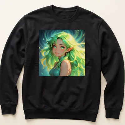 Fantasy illustration of a green-haired elf woman with emerald eyes — printed on a unisex sweatshirt
