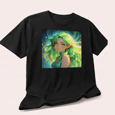 Fantasy illustration of a green-haired elf woman with emerald eyes — printed on a unisex t-shirt (angled view)