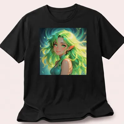 Fantasy illustration of a green-haired elf woman with emerald eyes
