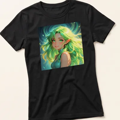 Fantasy illustration of a green-haired elf woman with emerald eyes — printed on a women's shirt