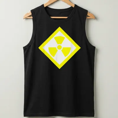 Vintage radioactive symbol T-shirt in bold yellow and white — printed on a tank top