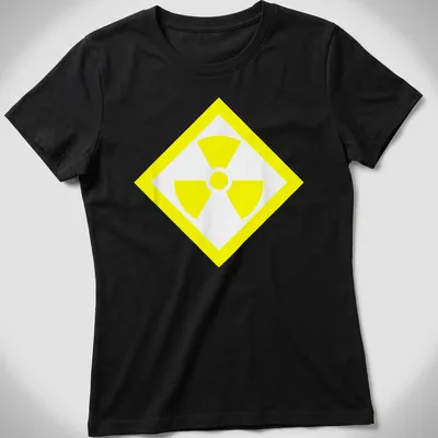Vintage radioactive symbol T-shirt in bold yellow and white — printed on a women's shirt