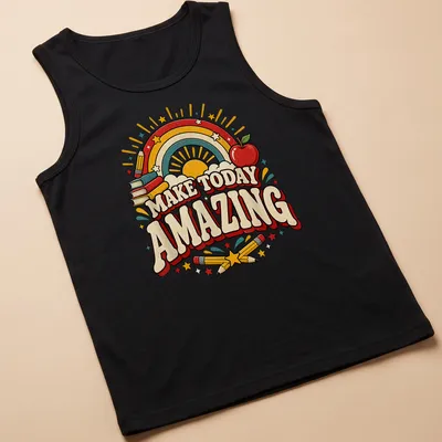 Colorful retro T-shirt featuring rainbow, apple, books, stars, and pencils with inspirational text. — printed on a tank top