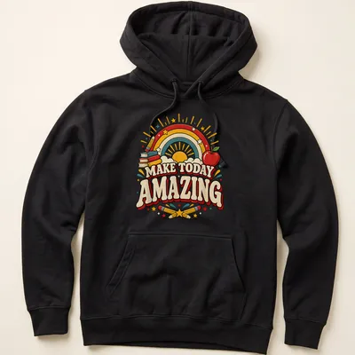 Colorful retro T-shirt featuring rainbow, apple, books, stars, and pencils with inspirational text. — printed on a unisex hoodie
