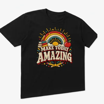 Colorful retro T-shirt featuring rainbow, apple, books, stars, and pencils with inspirational text. — printed on a unisex t-shirt (angled view)
