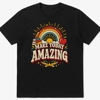 Colorful retro T-shirt featuring rainbow, apple, books, stars, and pencils with inspirational text.