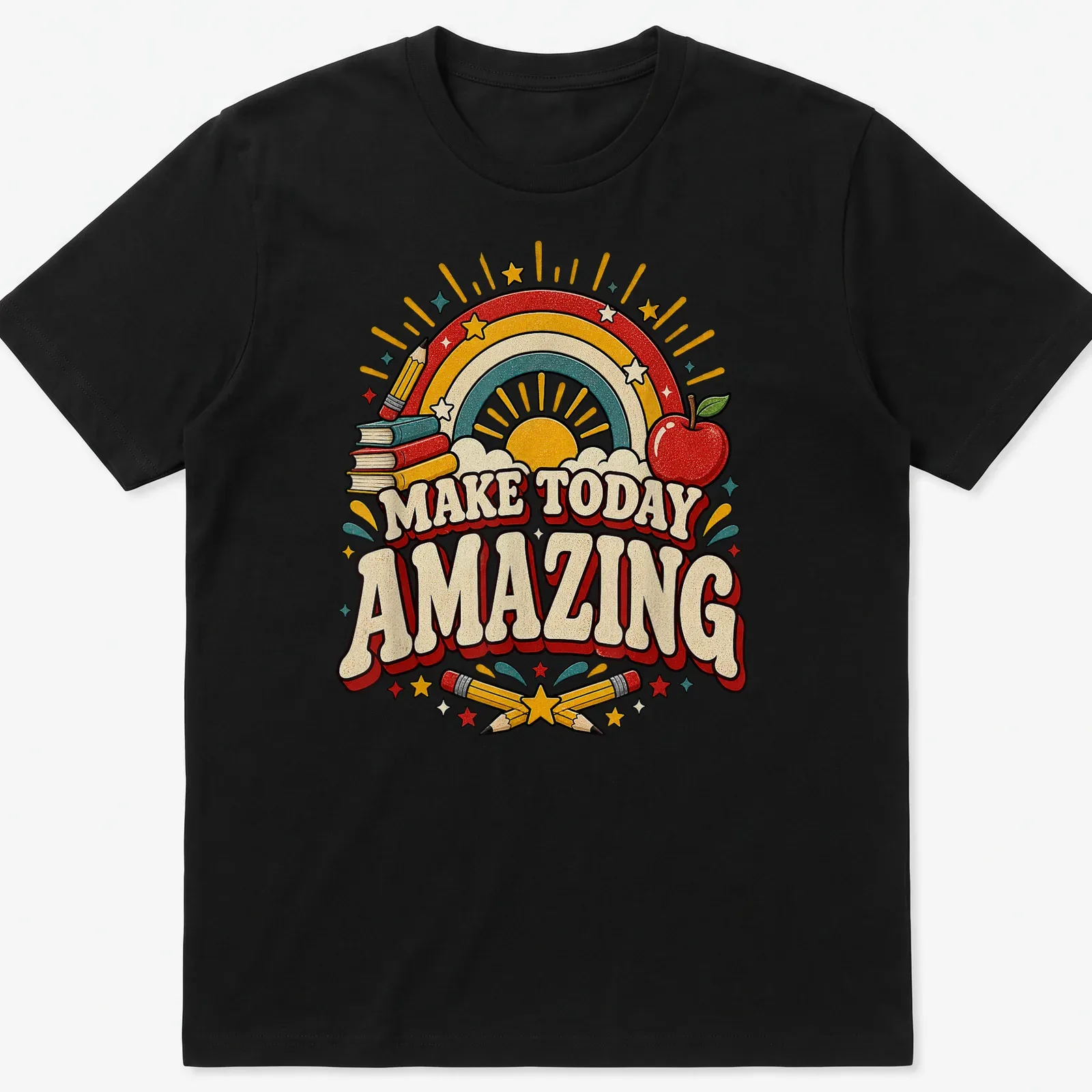 Colorful retro T-shirt featuring rainbow, apple, books, stars, and pencils with inspirational text. — printed on a unisex t-shirt