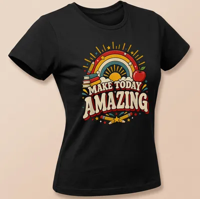 Colorful retro T-shirt featuring rainbow, apple, books, stars, and pencils with inspirational text. — printed on a women's shirt
