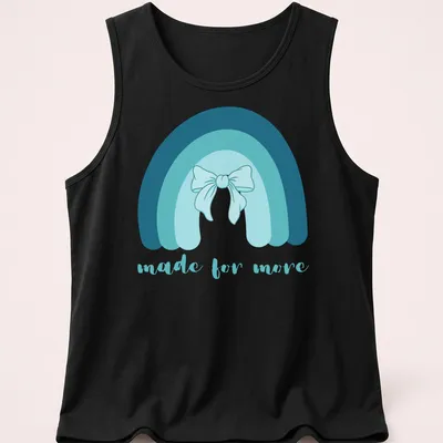 Cute rainbow with bow and the phrase made for more in soft colors — printed on a tank top