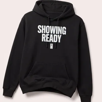 Modern bold printed design with the words Showing Ready and a door illustration — printed on a unisex hoodie
