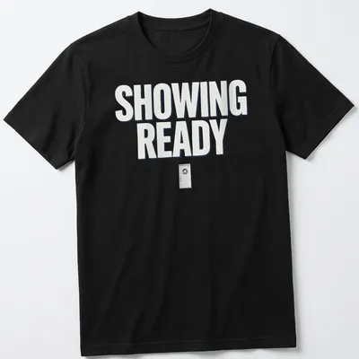 Modern bold printed design with the words Showing Ready and a door illustration
