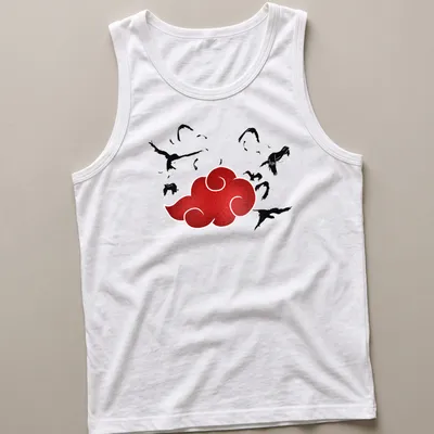 Stylized red cloud with black birds flying on a — printed on a tank top