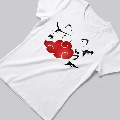 Stylized red cloud with black birds flying on a — printed on a women's shirt