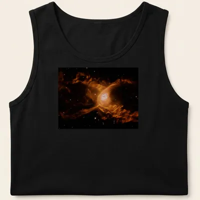 Illustration of the Red Spider Nebula in orange and pink against black and white — printed on a tank top