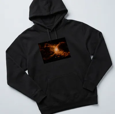 Illustration of the Red Spider Nebula in orange and pink against black and white — printed on a unisex hoodie