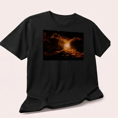 Illustration of the Red Spider Nebula in orange and pink against black and white — printed on a unisex t-shirt (angled view)