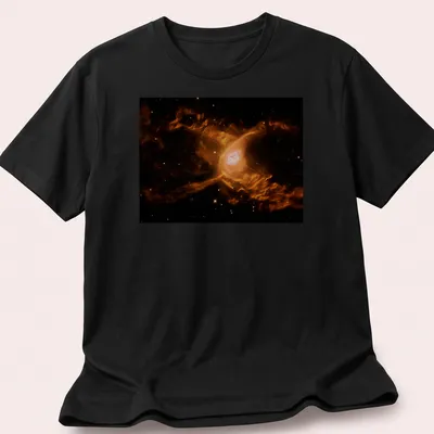 Illustration of the Red Spider Nebula in orange and pink against black and white — printed on a unisex t-shirt
