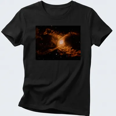 Illustration of the Red Spider Nebula in orange and pink against black and white — printed on a women's shirt