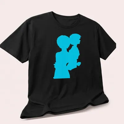 Silhouette of Rei Ayanami in cyan and blue colors representing Neon Genesis Evangelion — printed on a unisex t-shirt (angled view)