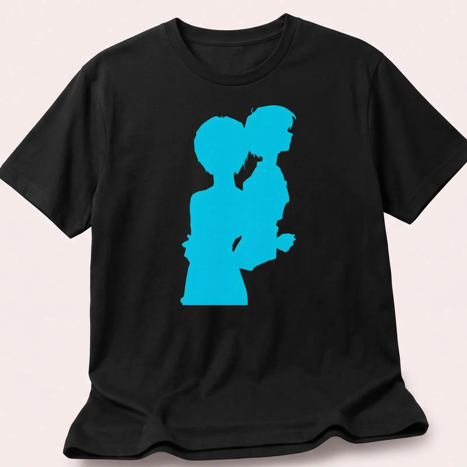 Silhouette of Rei Ayanami in cyan and blue colors representing Neon Genesis Evangelion — printed on a unisex t-shirt