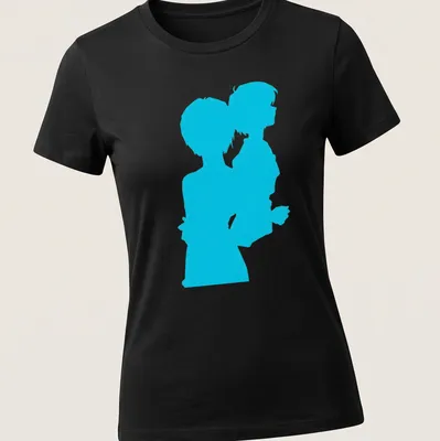 Silhouette of Rei Ayanami in cyan and blue colors representing Neon Genesis Evangelion — printed on a women's shirt