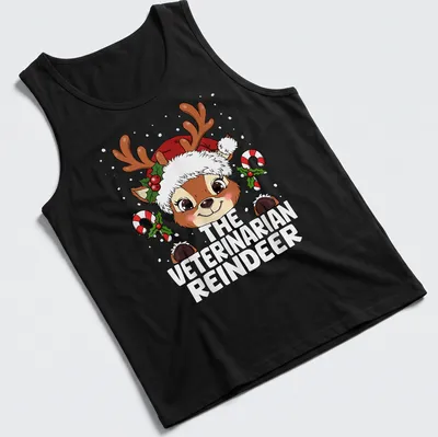 Kawaii cartoon reindeer with text 'The Veterinarian Reindeer' in festive colors — printed on a tank top