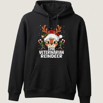 Kawaii cartoon reindeer with text 'The Veterinarian Reindeer' in festive colors — printed on a unisex hoodie