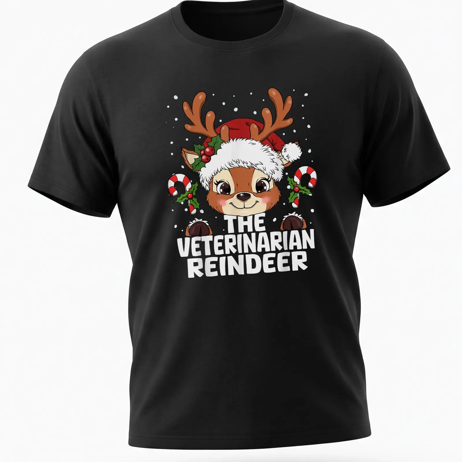 Kawaii cartoon reindeer with text 'The Veterinarian Reindeer' in festive colors — printed on a unisex t-shirt