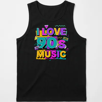 Colorful pop art of a retro cassette tape with text I Love 90s Music — printed on a tank top