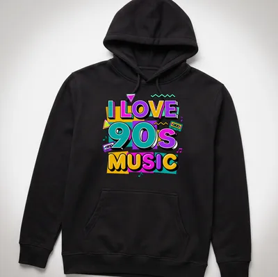 Colorful pop art of a retro cassette tape with text I Love 90s Music — printed on a unisex hoodie